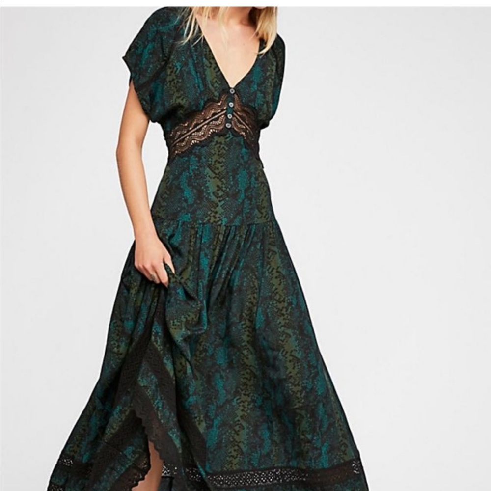 Free People Prairie Flowers Maxi Black green snake  lace Combo Dress  2 Rixo